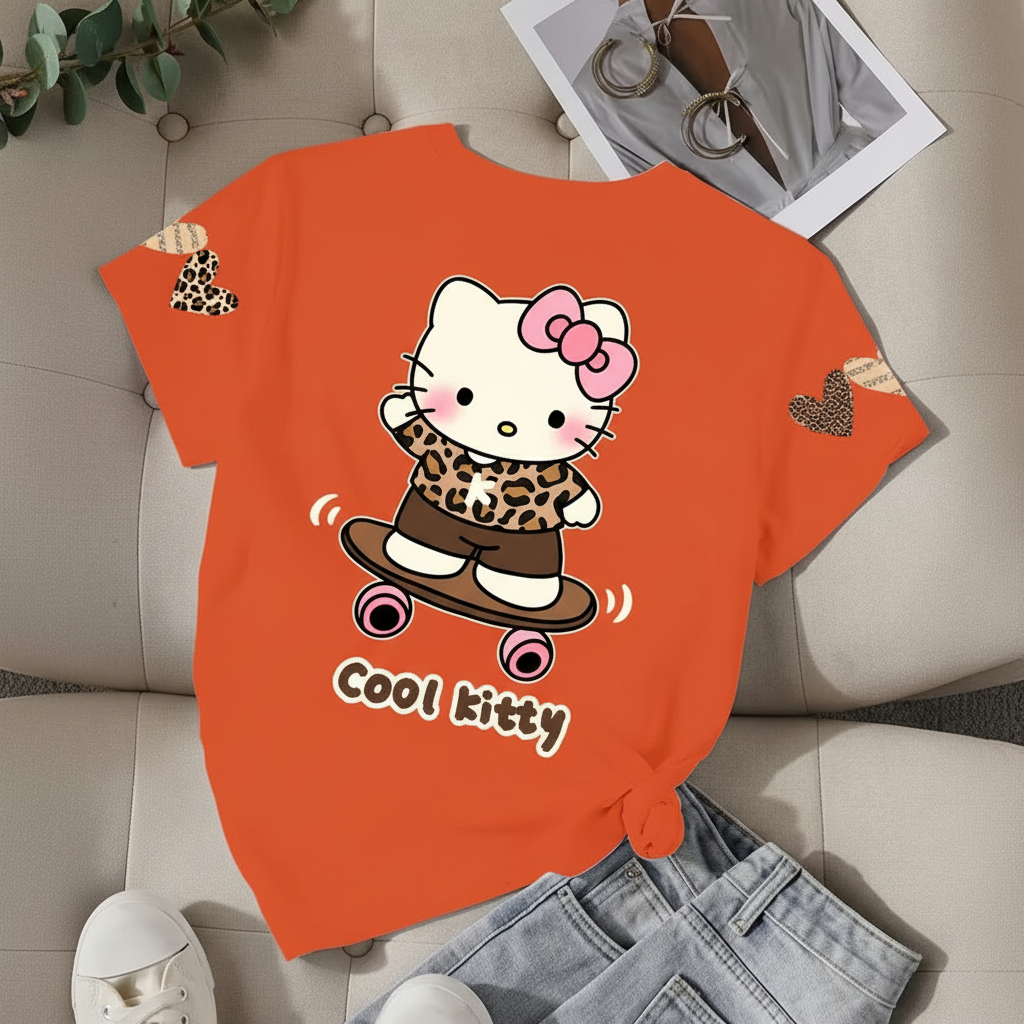 Short Sleeve T Shirt With Double Sided Leopard Print Hello Kitty For Girls