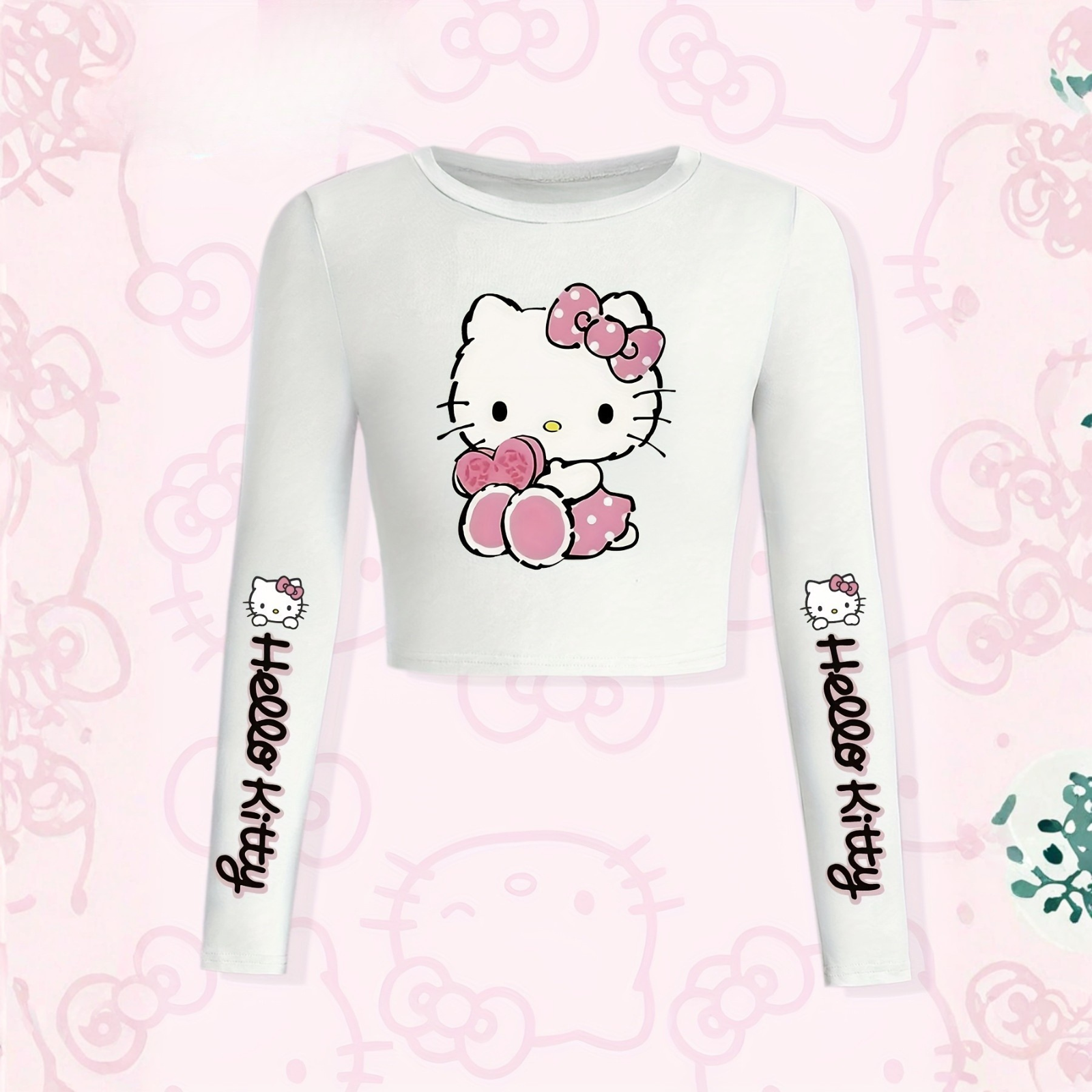 Hello Kitty Cartoon Printed Long Sleeve Crop Top For Girls