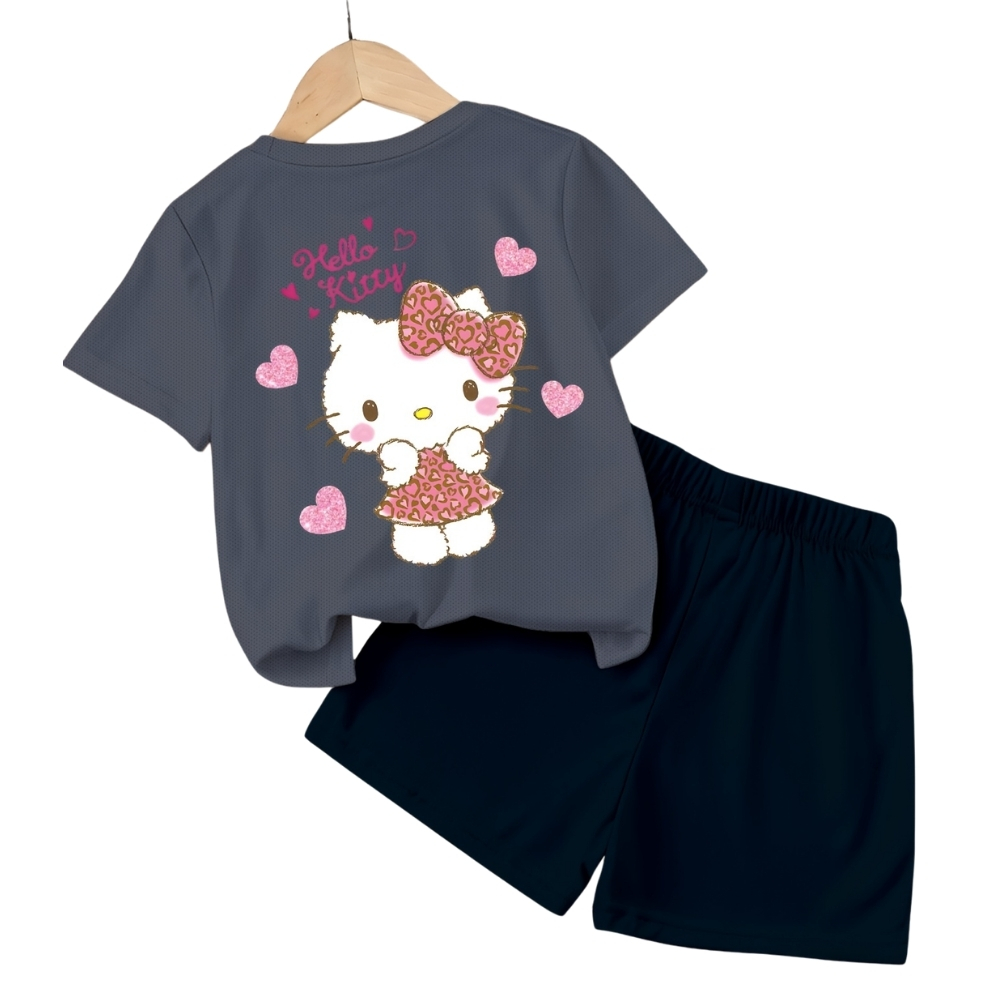 Hello Kitty Double Sided Print T Shirt And Shorts 2 Piece Outfit Set For Girls