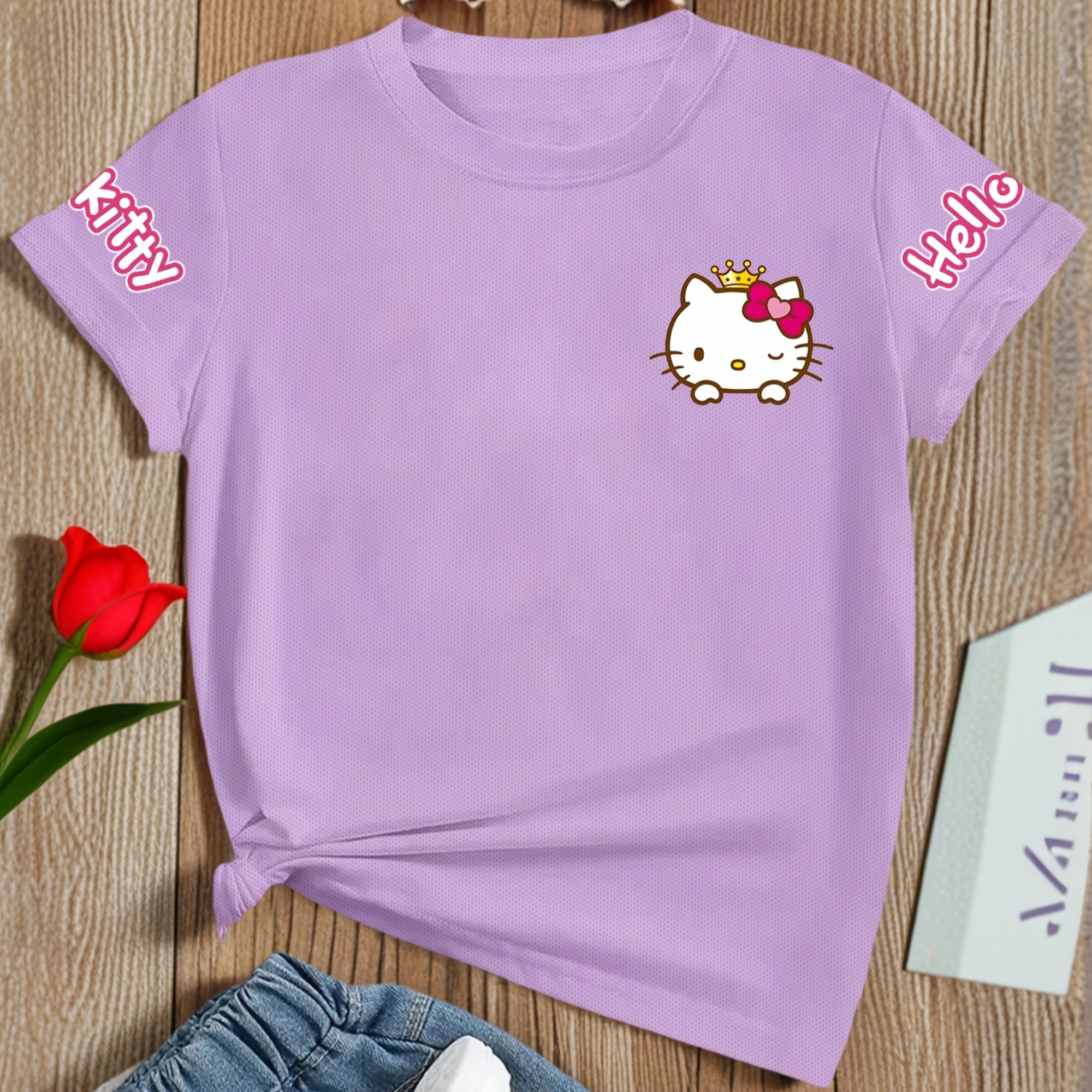 Casual Short Sleeved T Shirt With Hello Kitty Printed For Girls 