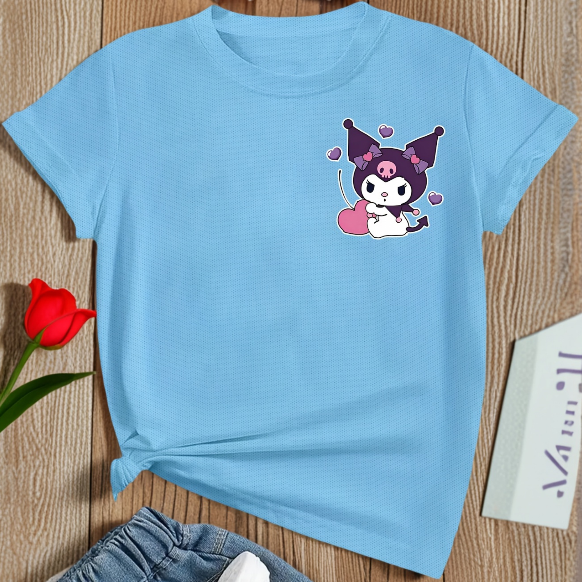 Mesh Short Sleeve T Shirt With Double Sided Kuromi Printed For Girls