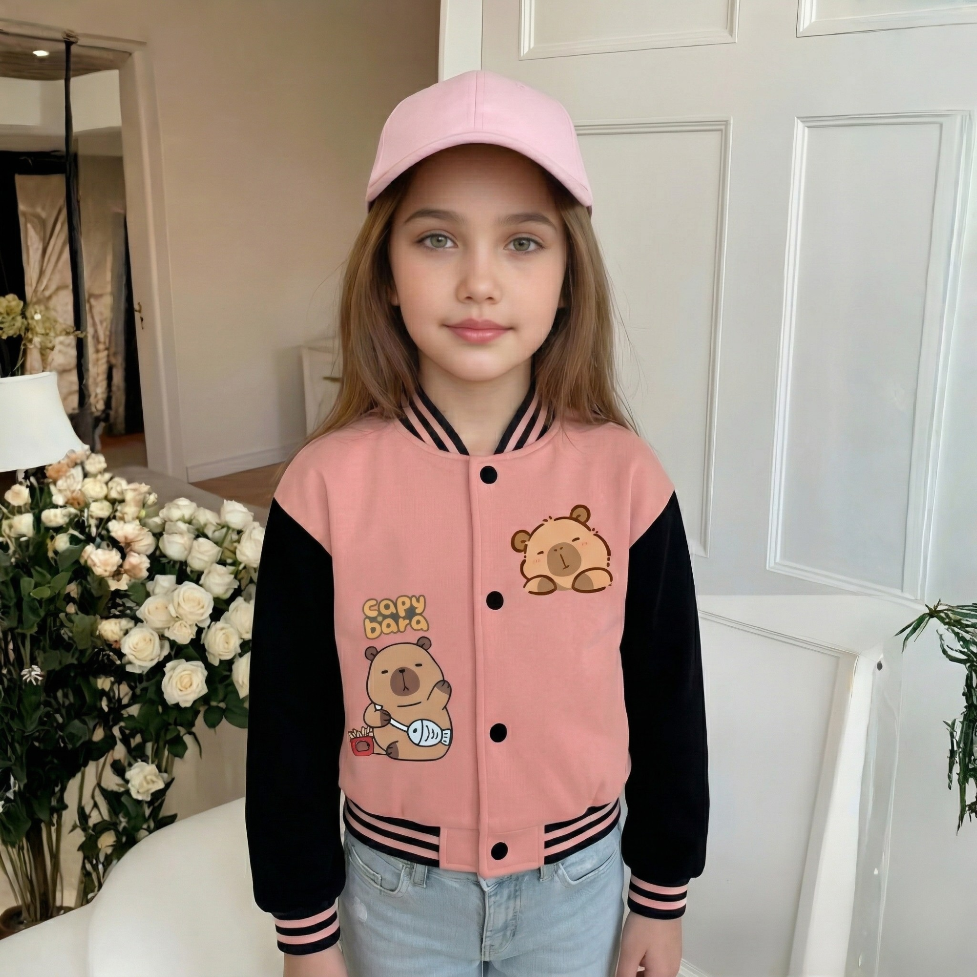 Capybara Graphic Print Baseball Jacket With Snap Closure For Girls