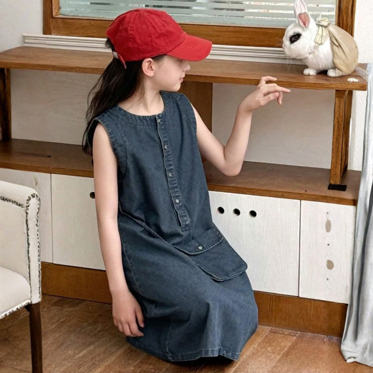 Tween Girl Crew Round Collar Sleeveless Denim Midi Dress