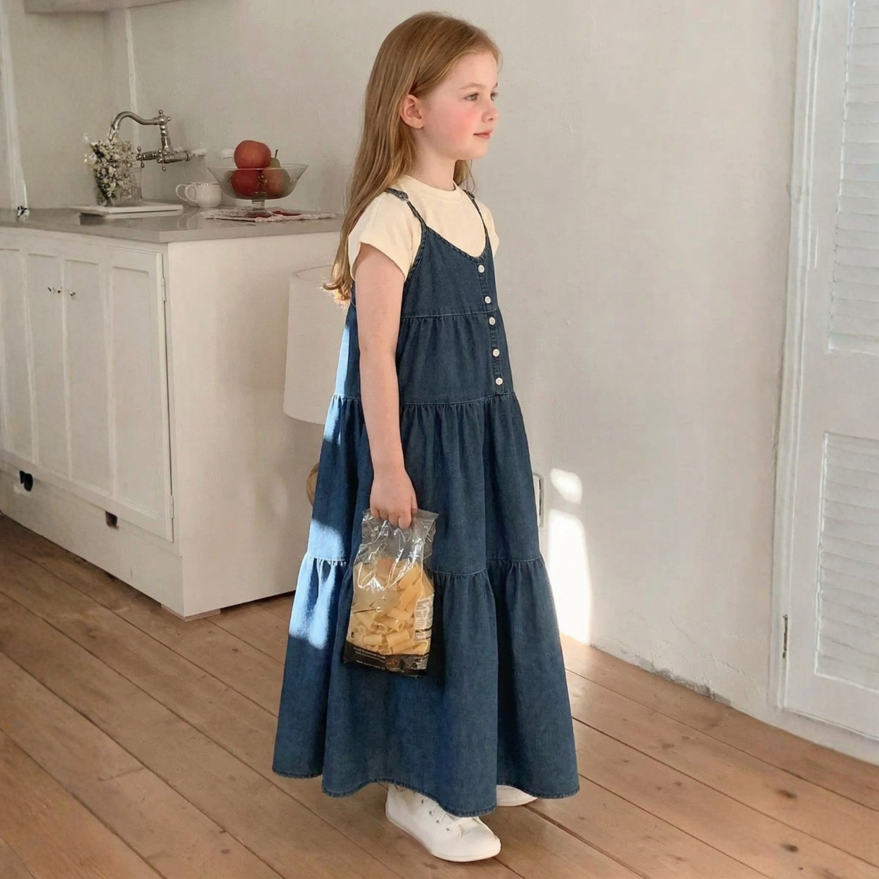Girls Tiered Denim Pinafore Midi Dress