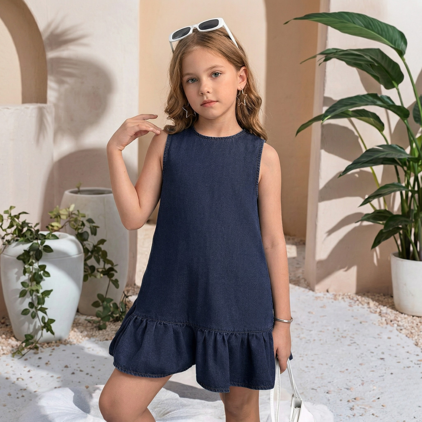 Sleeveless Denim Dress With Button Detail And Ruffle Hem Style For Girls