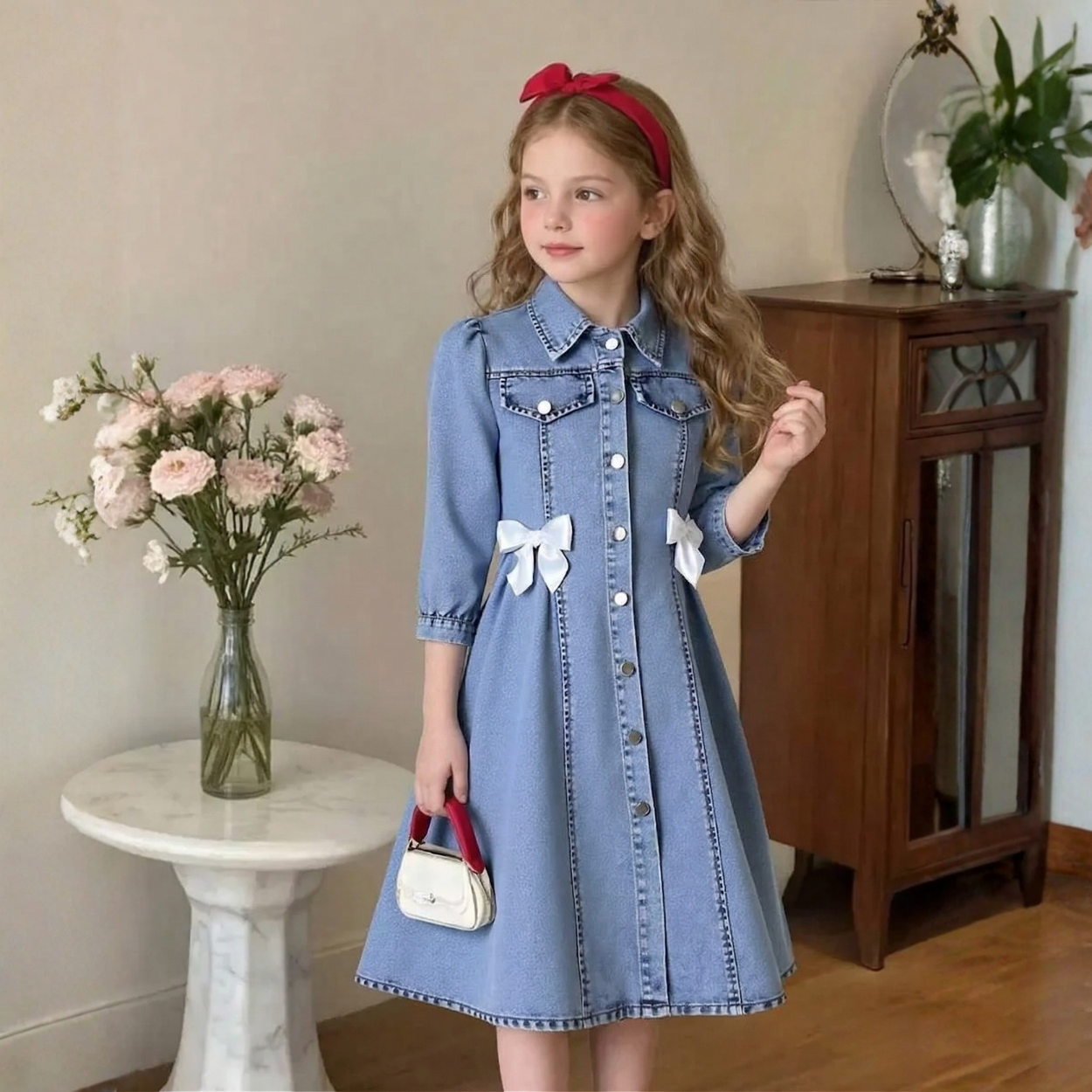 Tween Girls A Line Denim Shirt Dress With Puff Sleeves And Bow Details