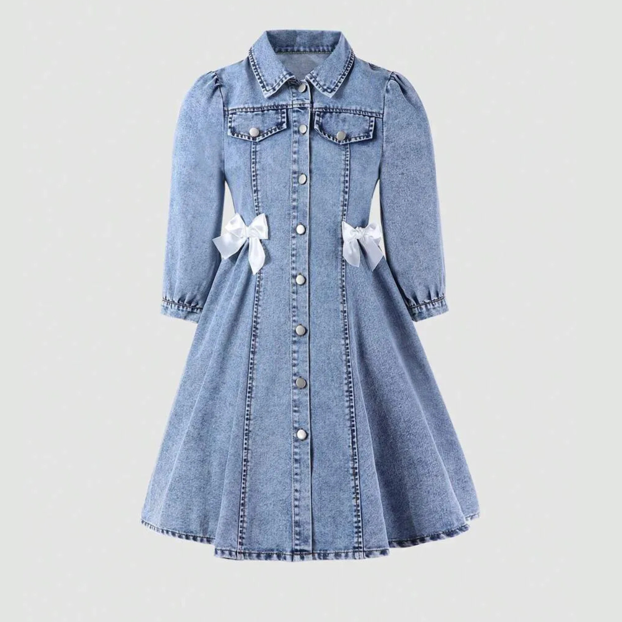 Tween Girls A Line Denim Shirt Dress With Puff Sleeves And Bow Details