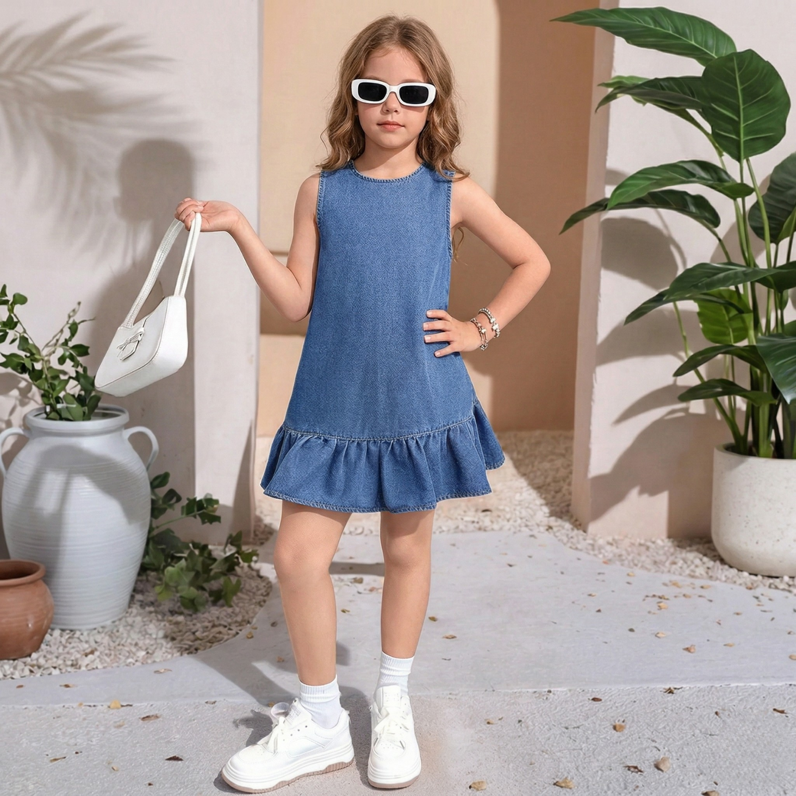 Sleeveless Denim Dress With Button Detail And Ruffle Hem Style For Girls