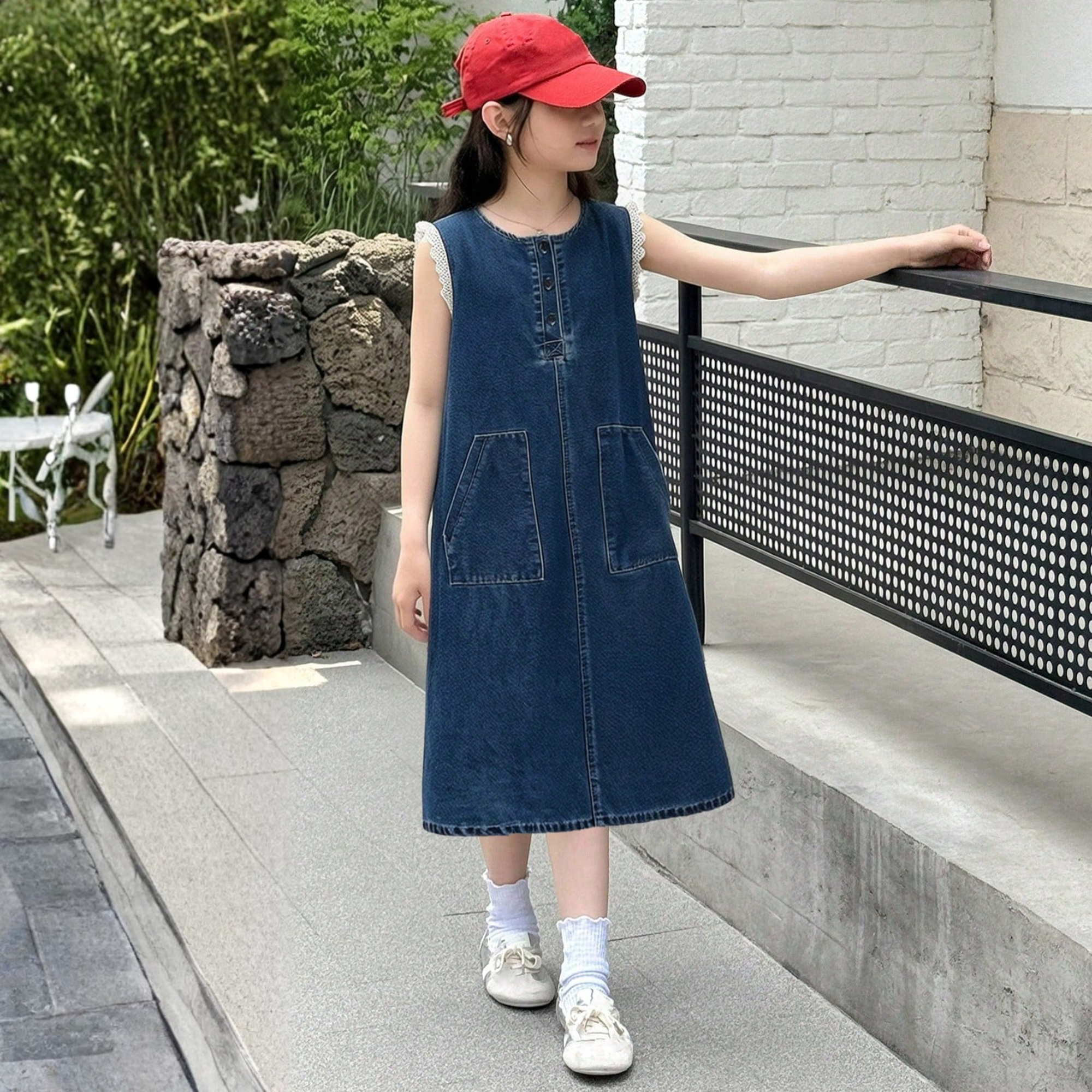 Tween Lace Patchwork Sleeveless Denim Midi Dress