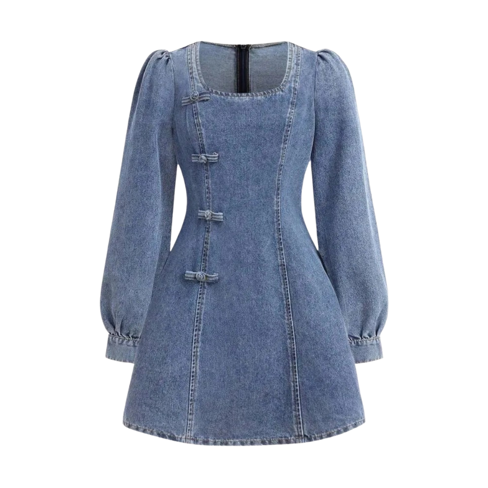 Vintage Style Denim Dress With Puff Sleeve And A Line Short Outfit For Girls