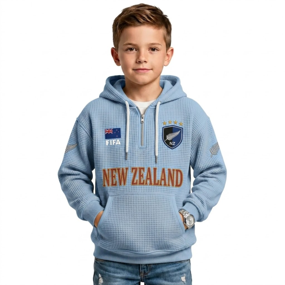 FIFA 2026 Zealand Printed Waffle Quarter Zip Football Fan Hoodie For Kids
