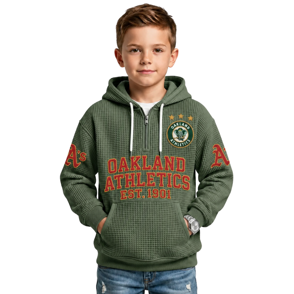 Oakland Athletics EST 1901 Printed Waffle Quarter Zip Baseball Fan Hoodie For Kids
