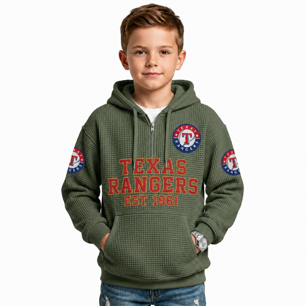 Texas Rangers EST 1961 Printed Waffle Quarter Zip Baseball Fan Hoodie For Kids