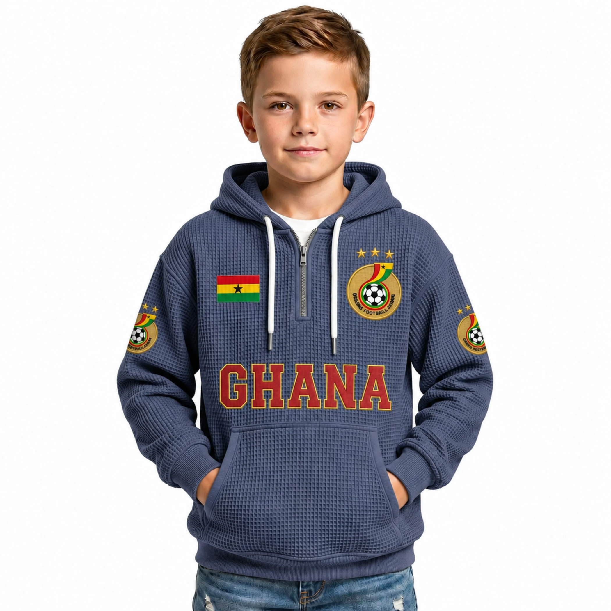 FIFA 2026 Ghana Printed Waffle Quarter Zip Football Fan Hoodie For Kids