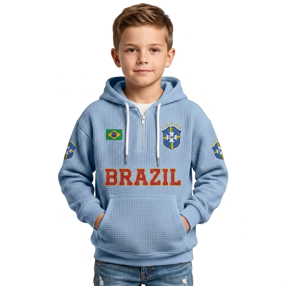 Brazil Printed Waffle Quarter Zip Football Fan Hoodie For Kids
