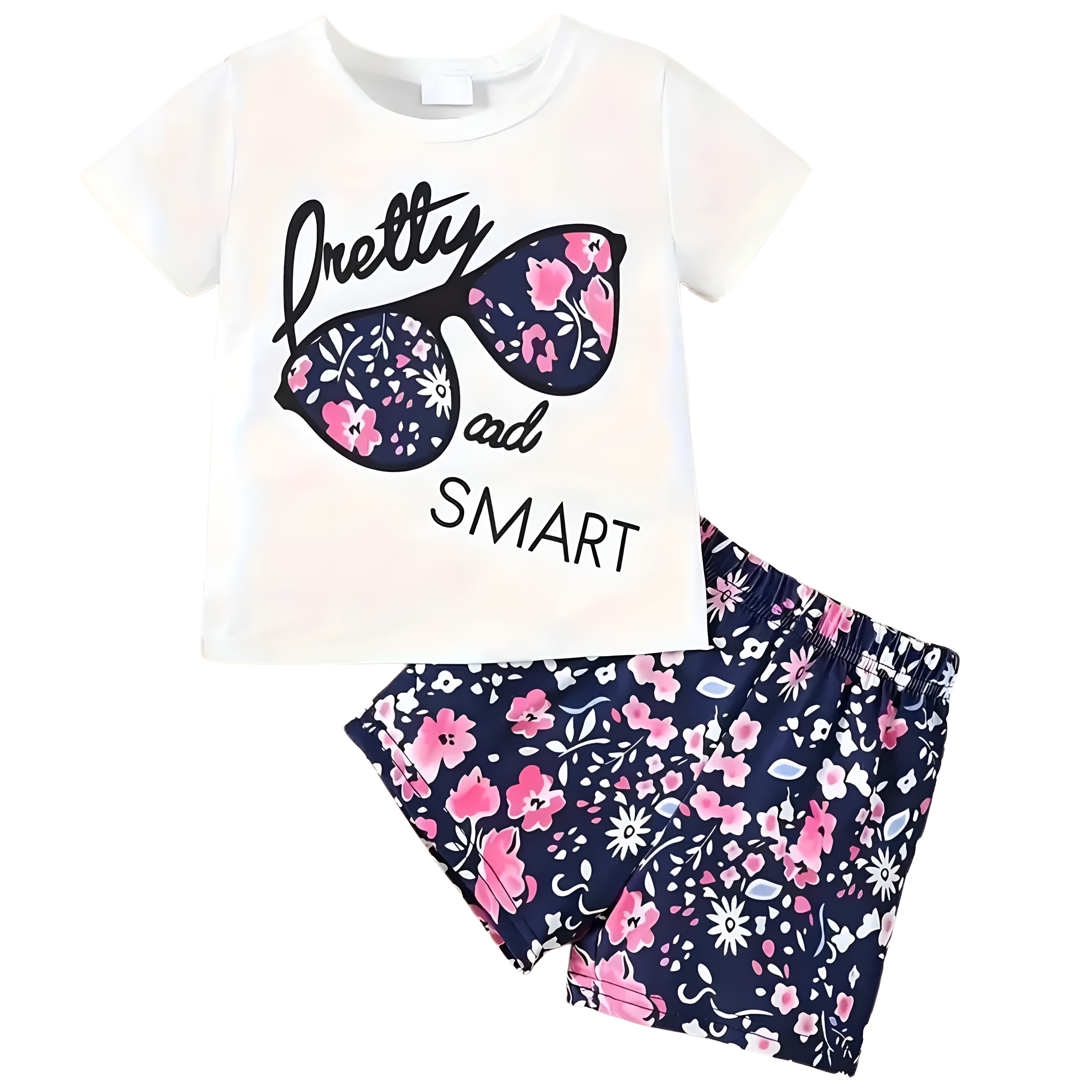 Baby Girl Cartoon Print Round Neck Top and Floral Shorts Two Piece Set