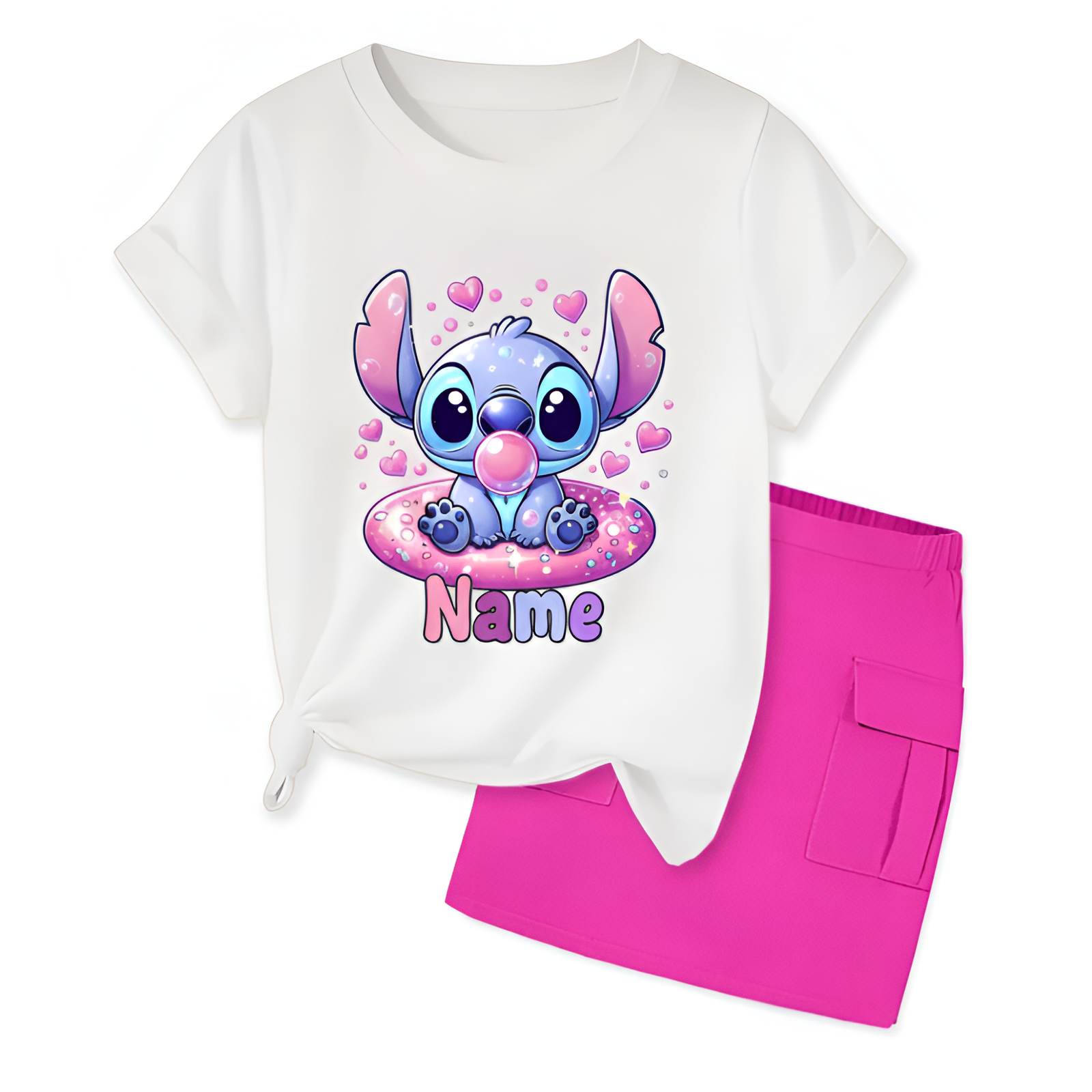Customizable Stitch Girls Short Sleeve T Shirt And Skirt 2 Piece Set