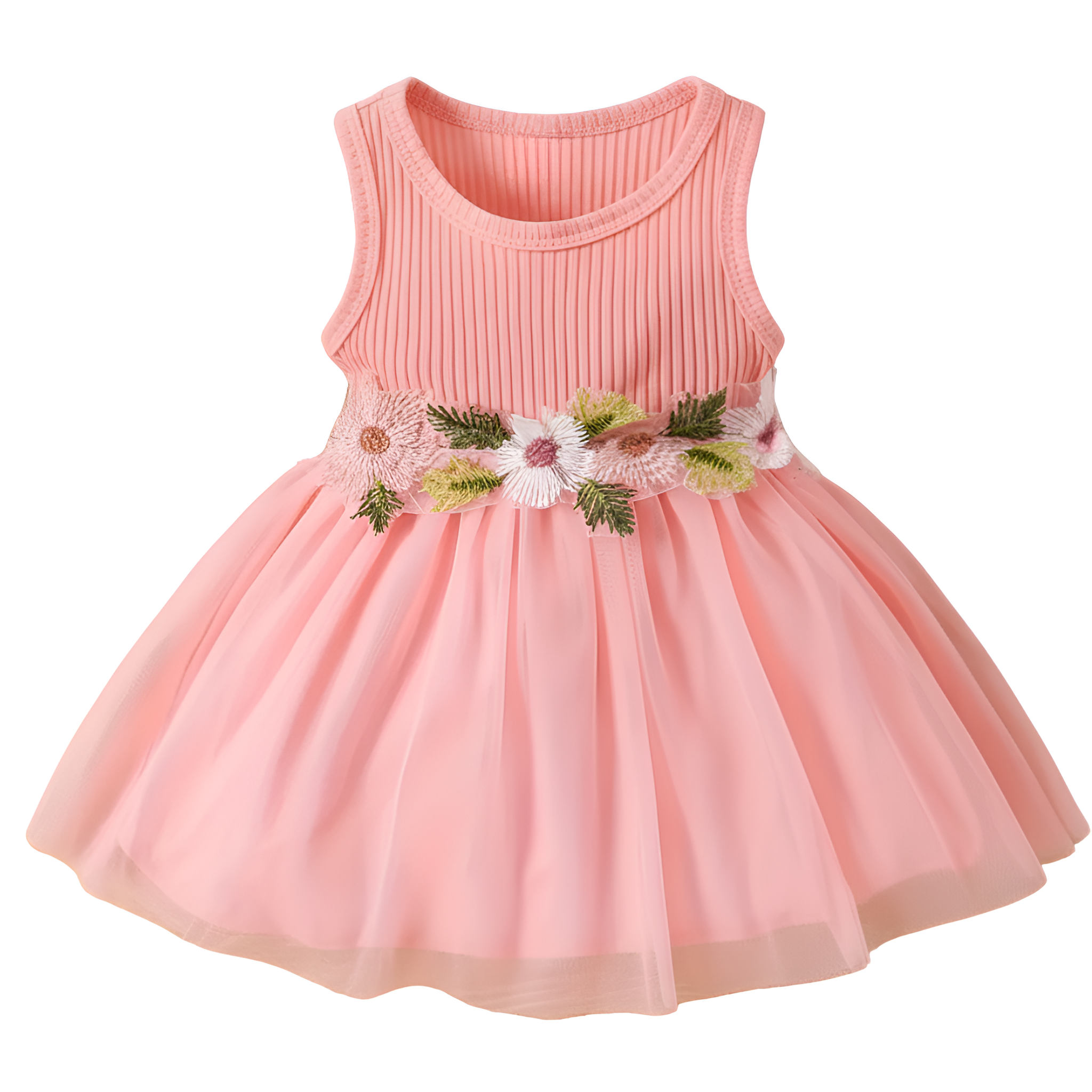 Summer Style Girl Round Neck Floral Waist Decor Vest Casual Dress