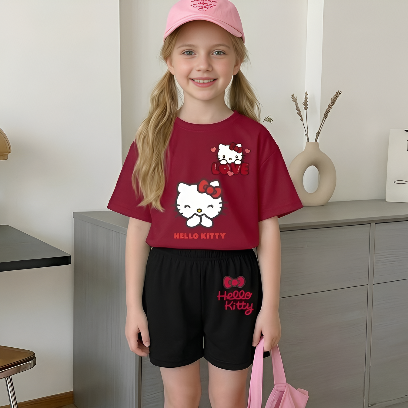 Hello Kitty Double Sided Print Mesh T Shirt And Shorts Set For Girls
