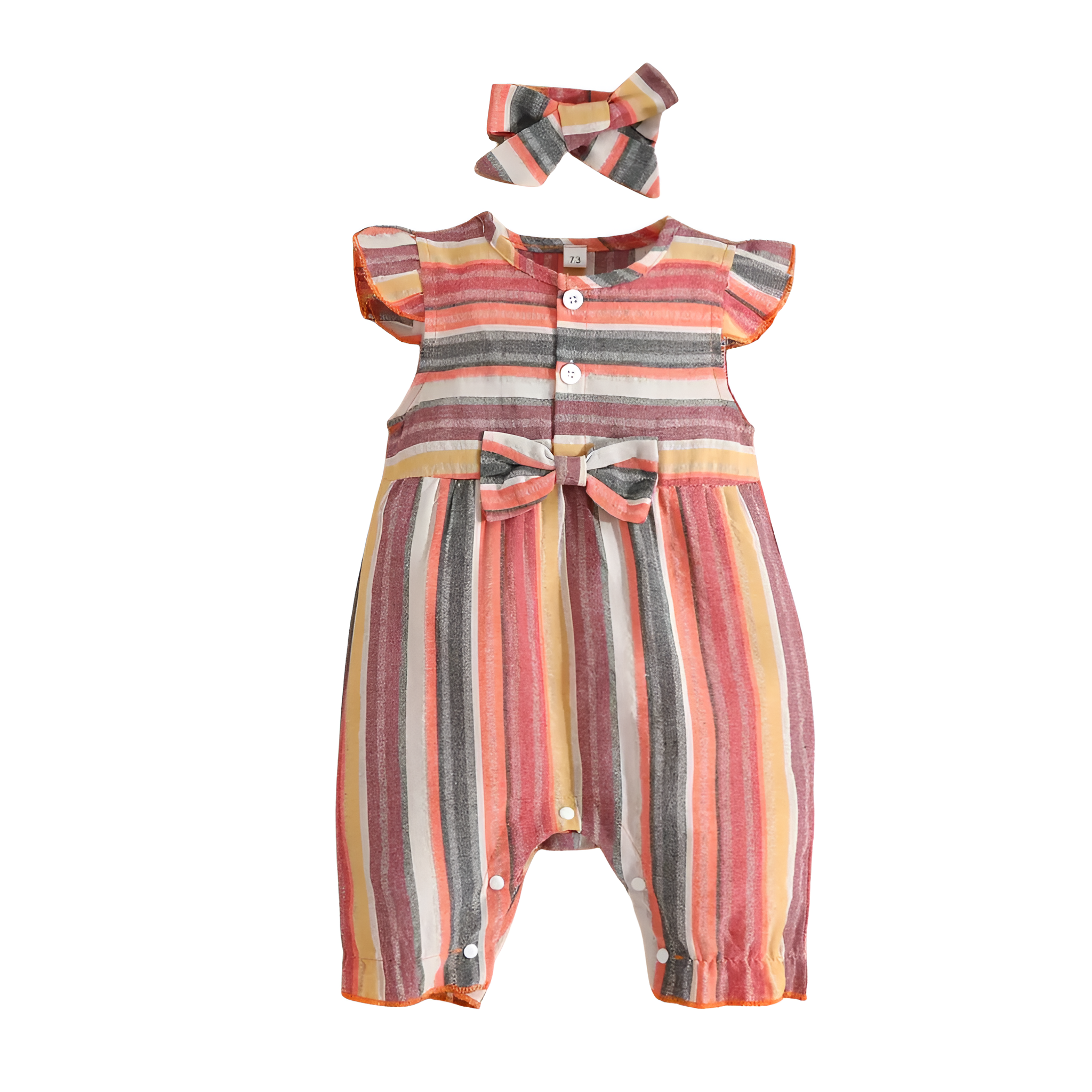 Striped Romper With Bow Detail And Ruffled Hem For Baby Girl