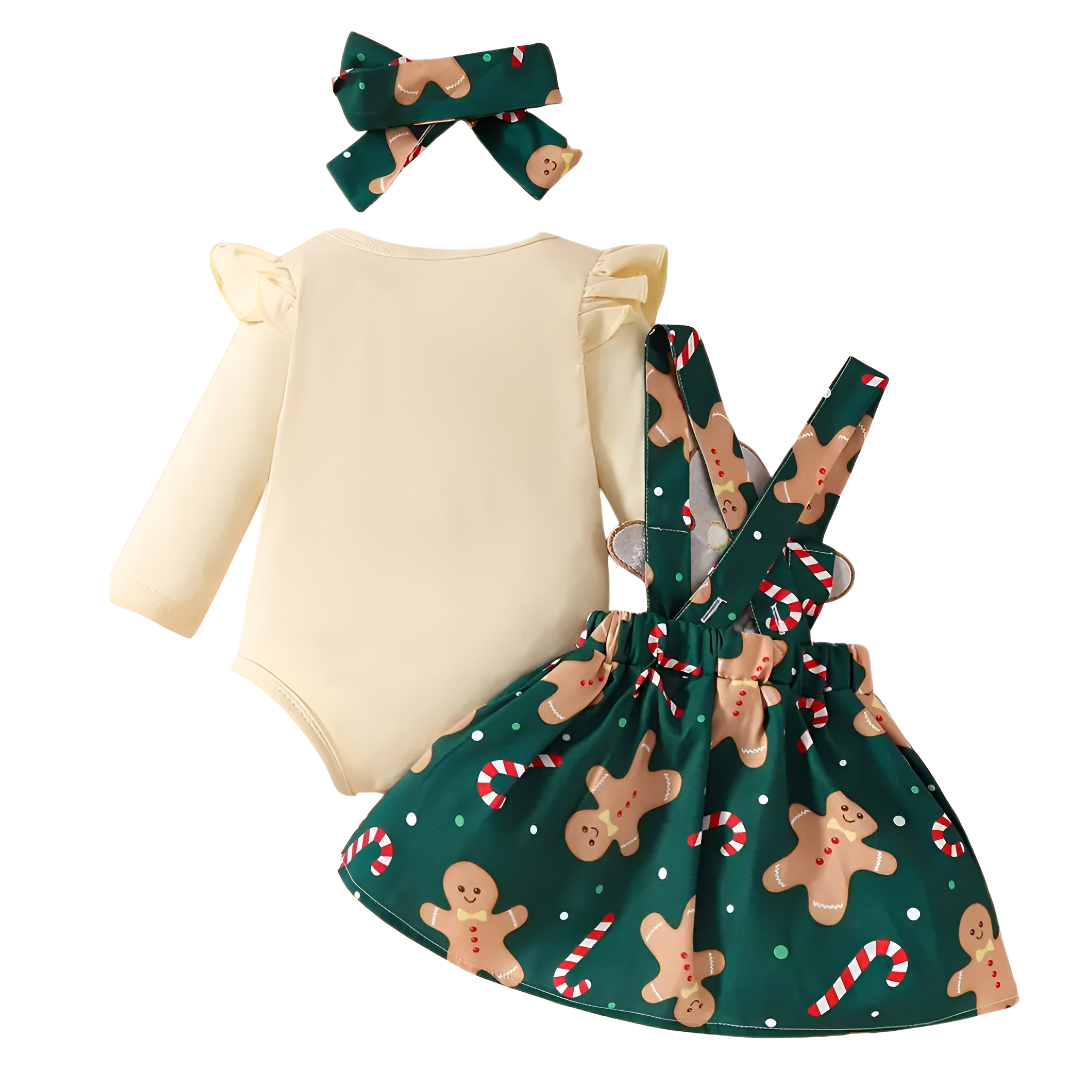 3 Piece Christmas Outfit Long Sleeve Onesie With Suspenders And Hair Tie For Girl