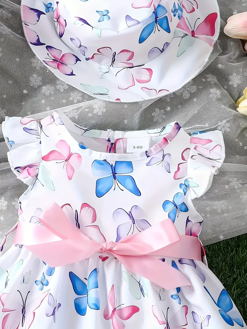 girls   print dress and hat set cute flutter sleeve outfit for infants and toddlers vacation wear 2