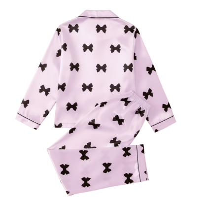 Long Sleeve Bowknot Print Pajama Set With Collar And Pants