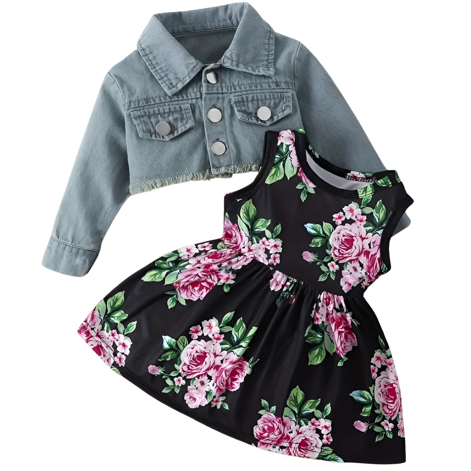 Girl Cartoon Print Vest Dress with and Short Denim Top Two Piece Set