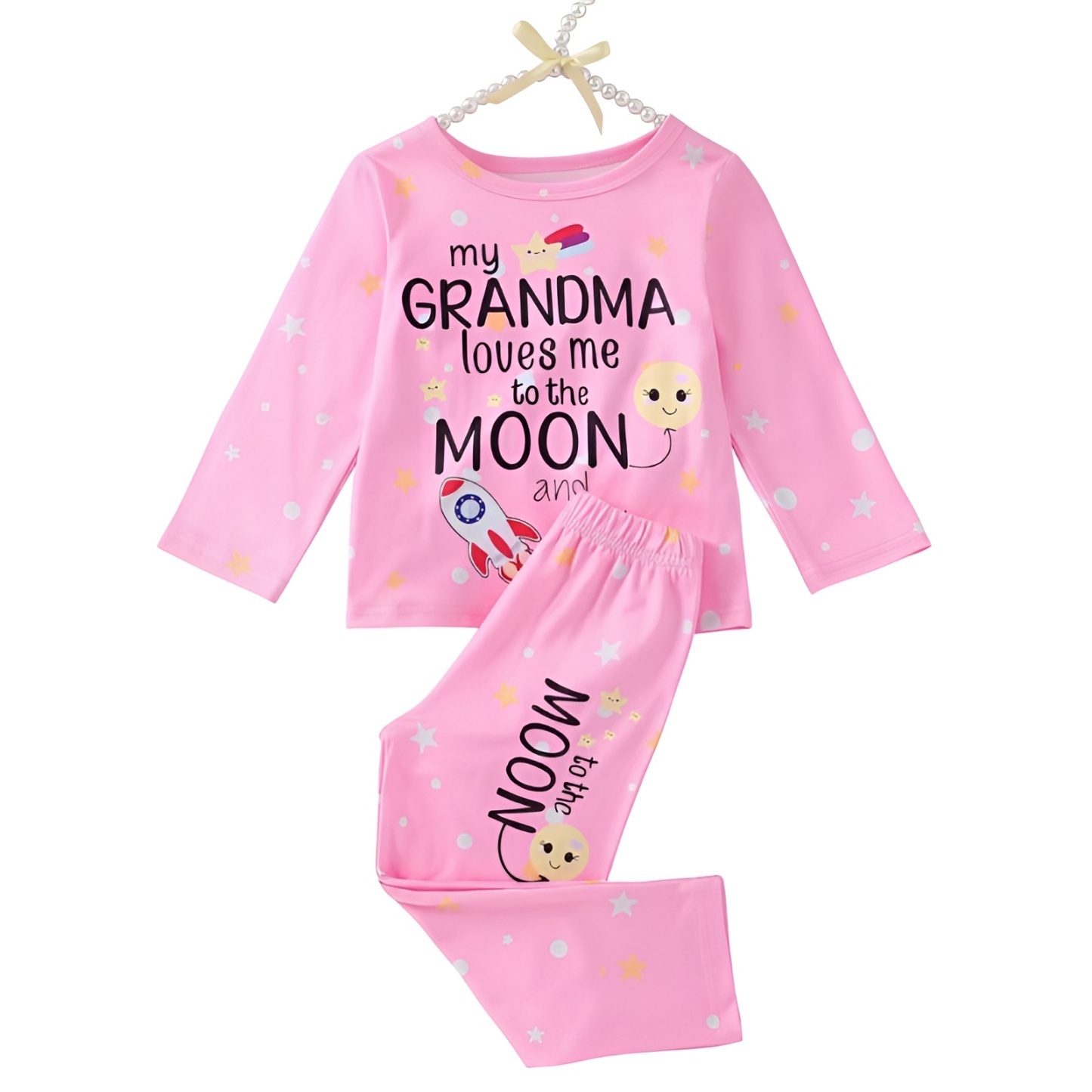 Slogan and Stars Moon Rocket Print Pajama Set for Girls