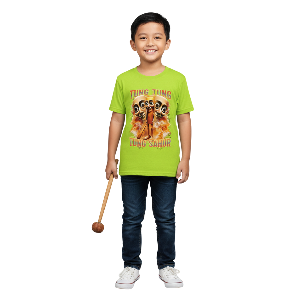 Cartoon Print With Wooden Stick Figure Design Round Neck T Shirt