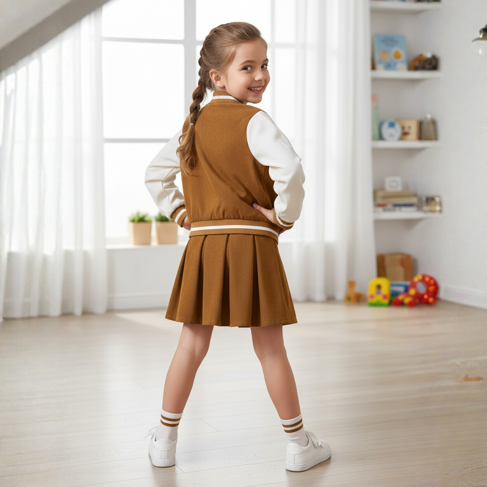 Two Piece Girls Preppy Outfit With Baseball Jacket And Pleated Skirt