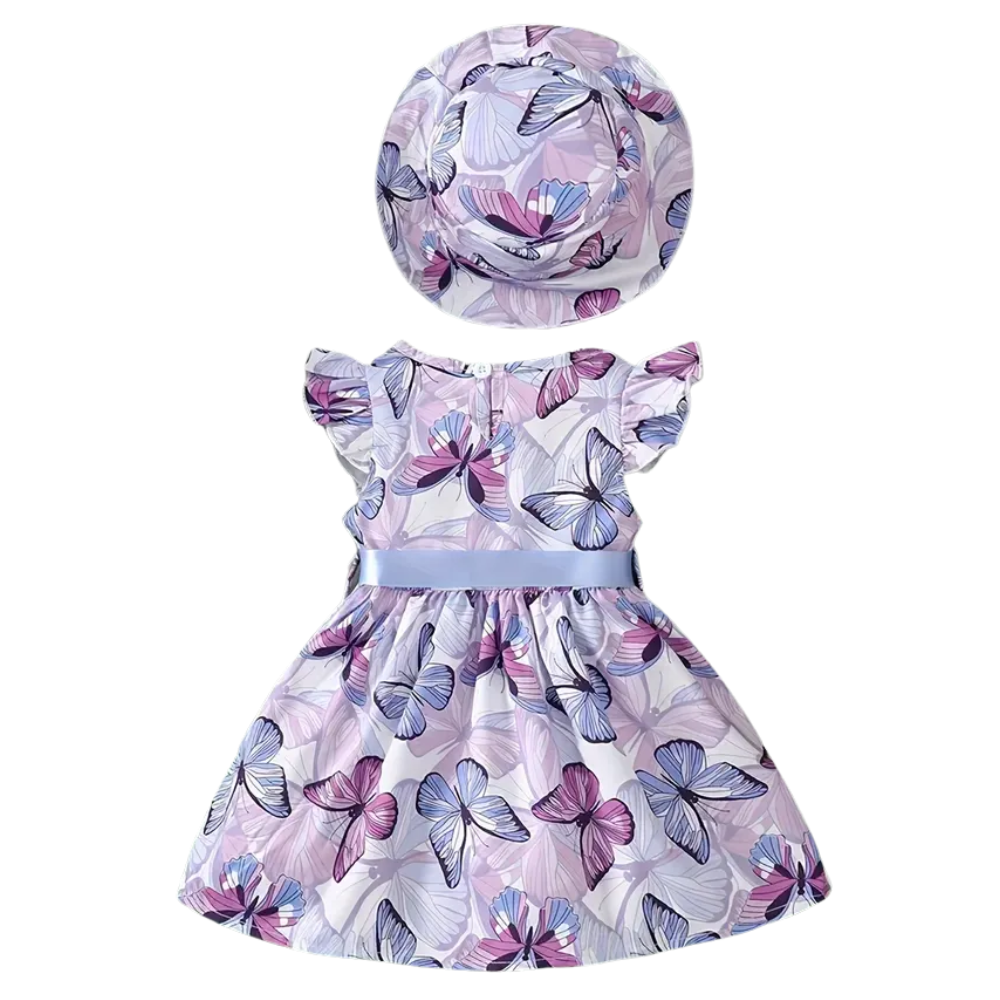 Butterfly Printed Dress And Matching Hat Set For Girls 
