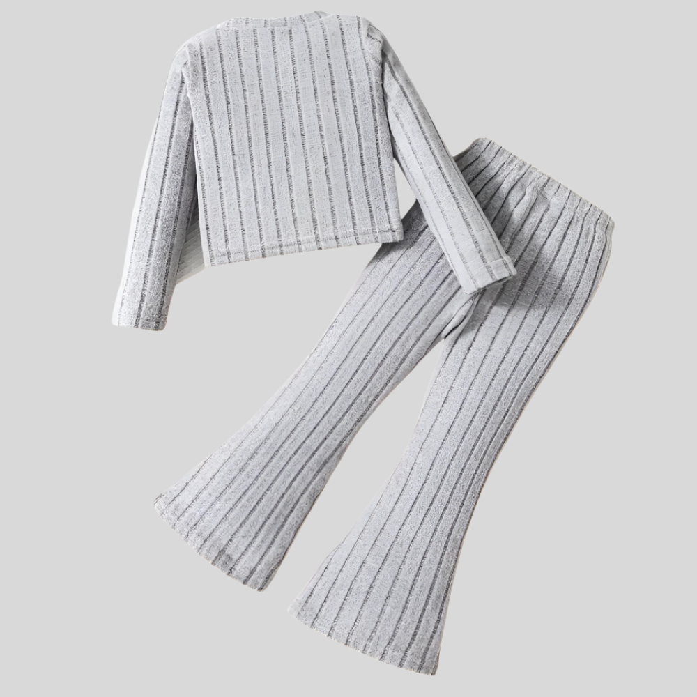 Long Sleeve Ribbed Pullover Top With Flare Pants Set For Girls
