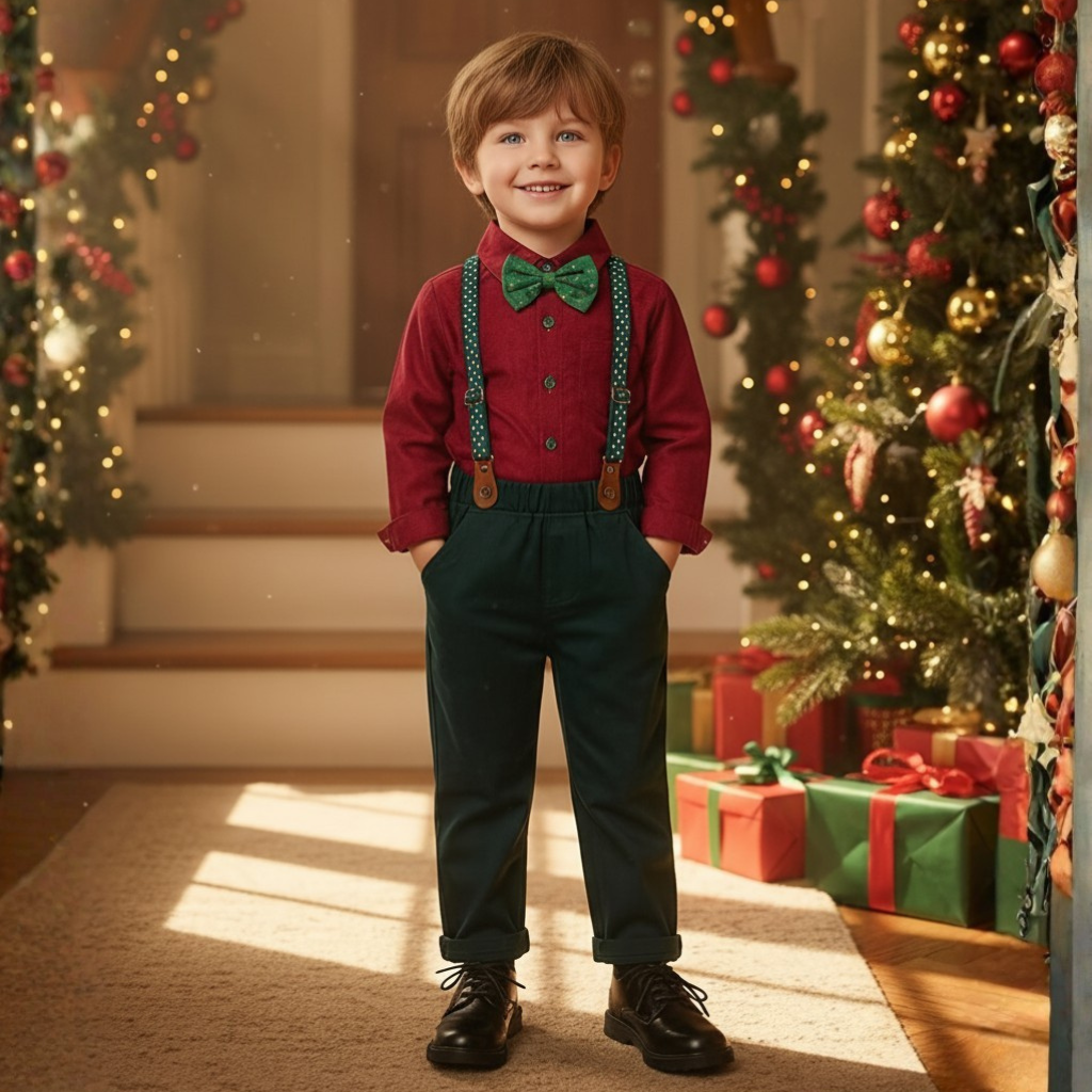 Two Piece Set With Long Sleeve Front Button Shirt Bow Tie And Pants For Boy