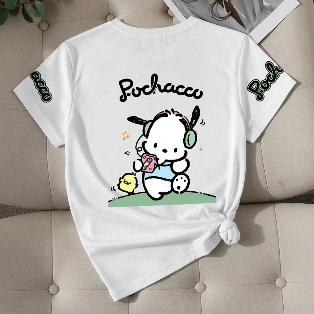 Mesh Short Sleeve T Shirt With Double Sided Pochacco Print For Girls