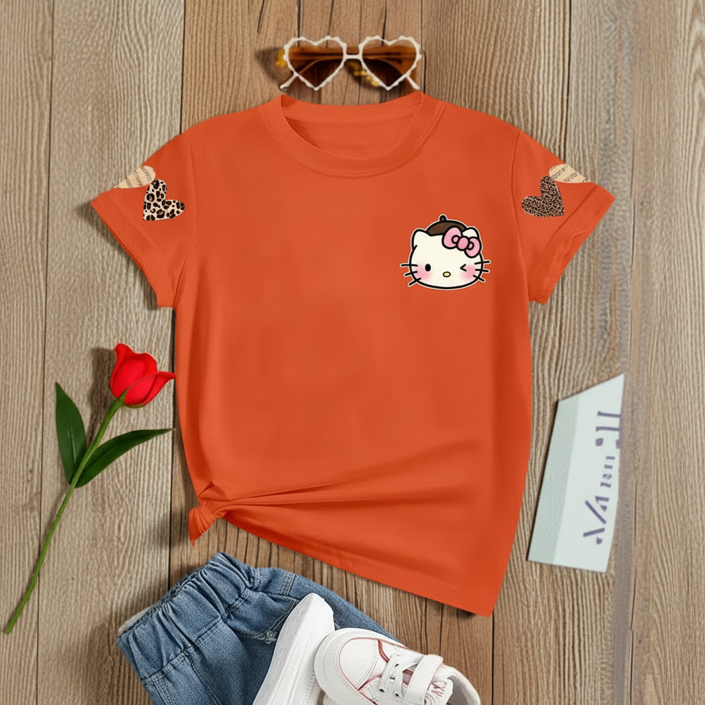 Short Sleeve T Shirt With Double Sided Leopard Print Hello Kitty For Girls