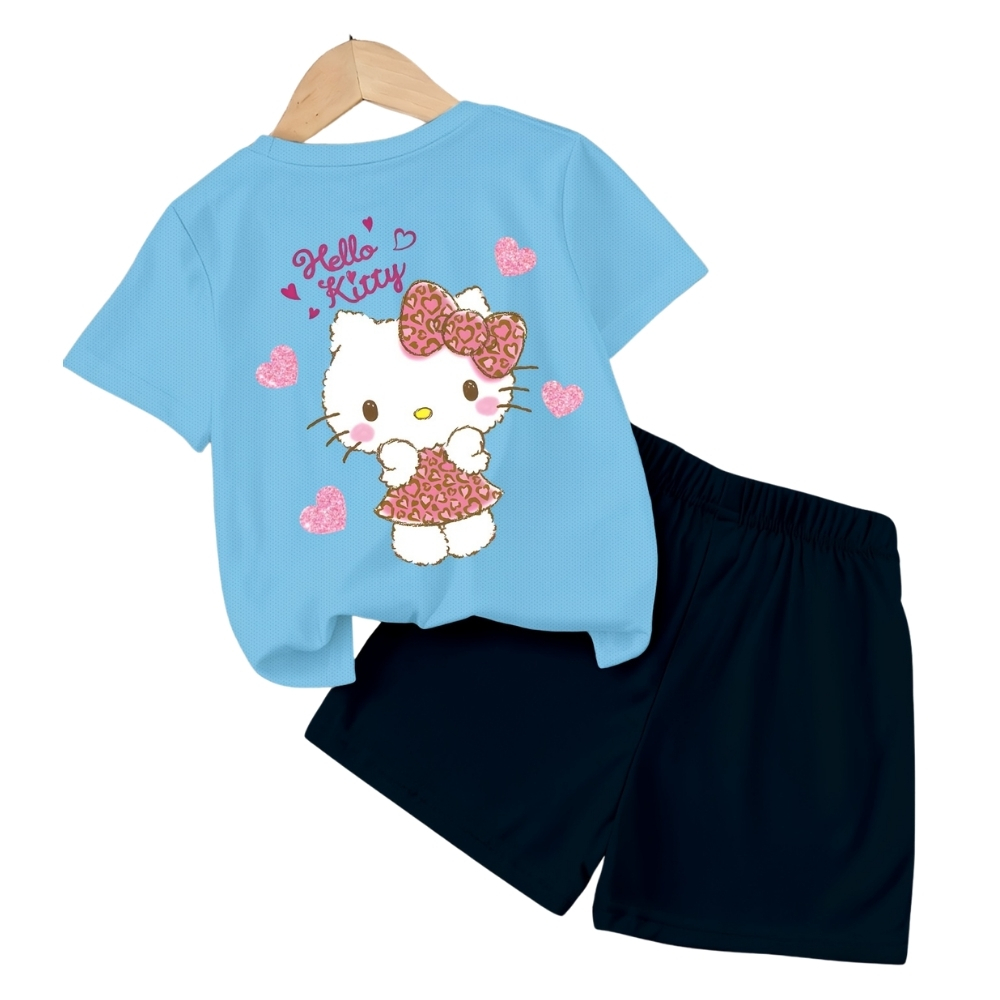 Hello Kitty Double Sided Print T Shirt And Shorts 2 Piece Outfit Set For Girls