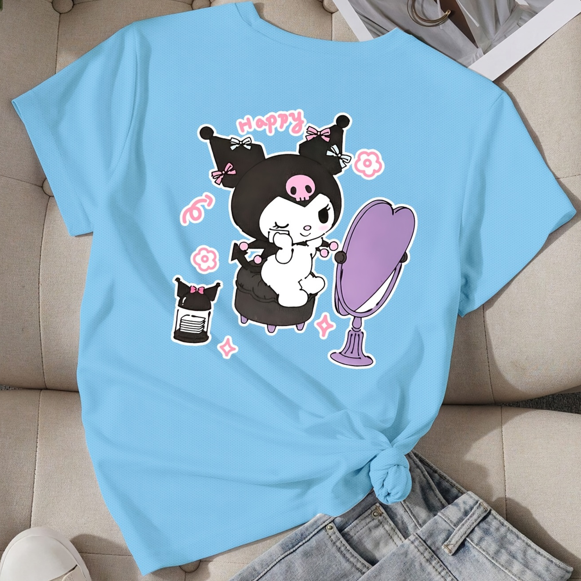 Mesh Short Sleeve T Shirt With Double Sided Kuromi Printed For Girls