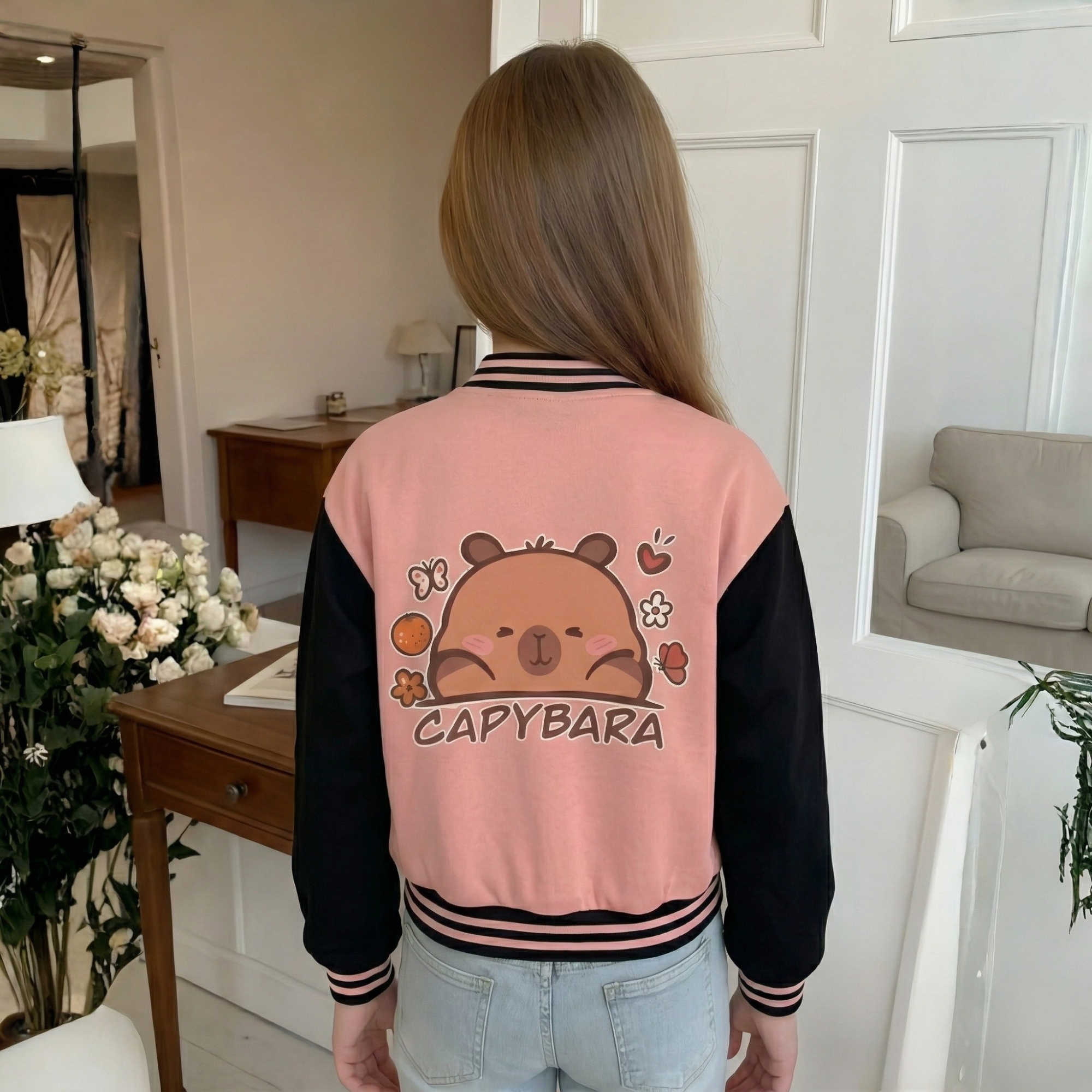 Capybara Graphic Print Baseball Jacket With Snap Closure For Girls