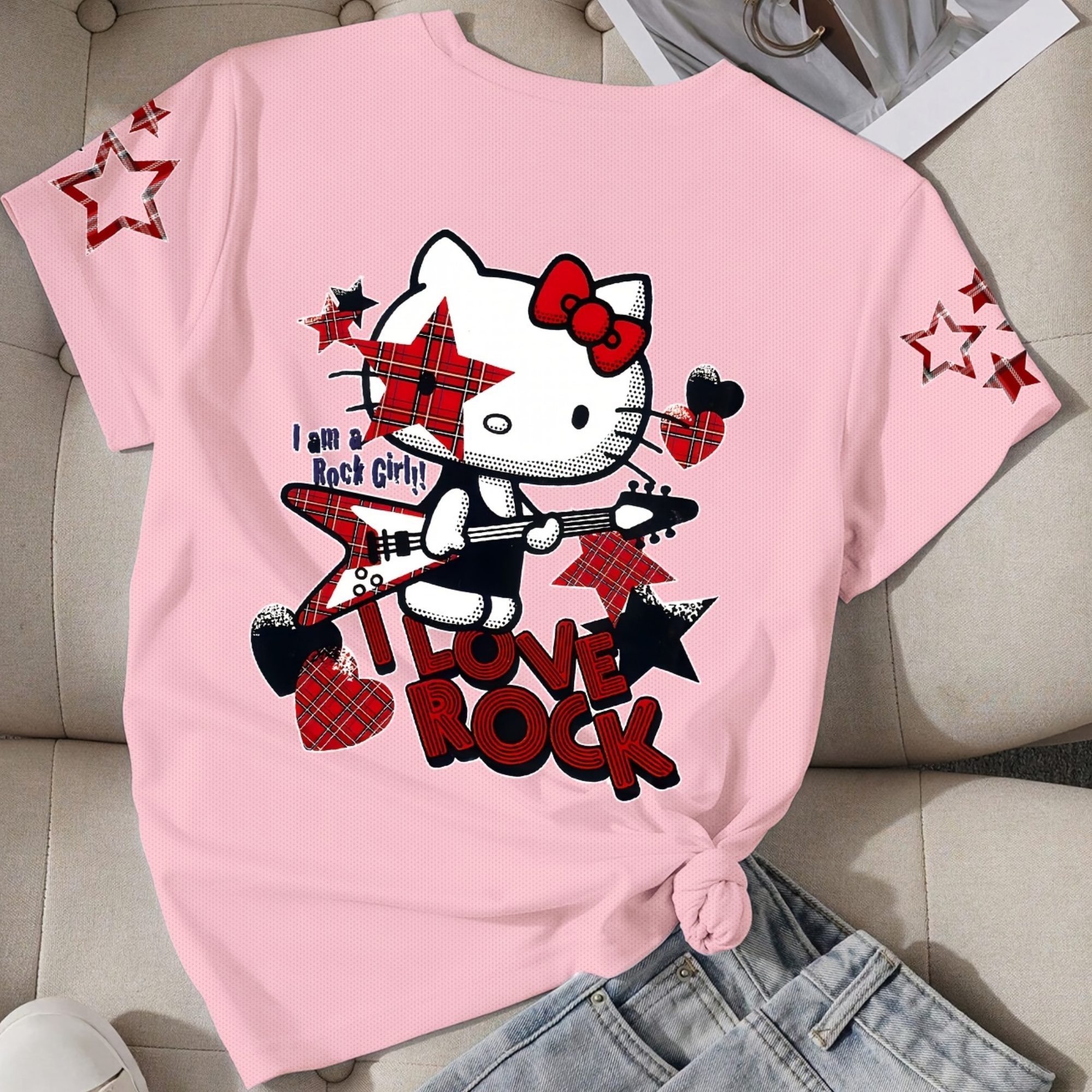 Short Sleeved T Shirt For Girls With Hello Kitty Double Sided Print