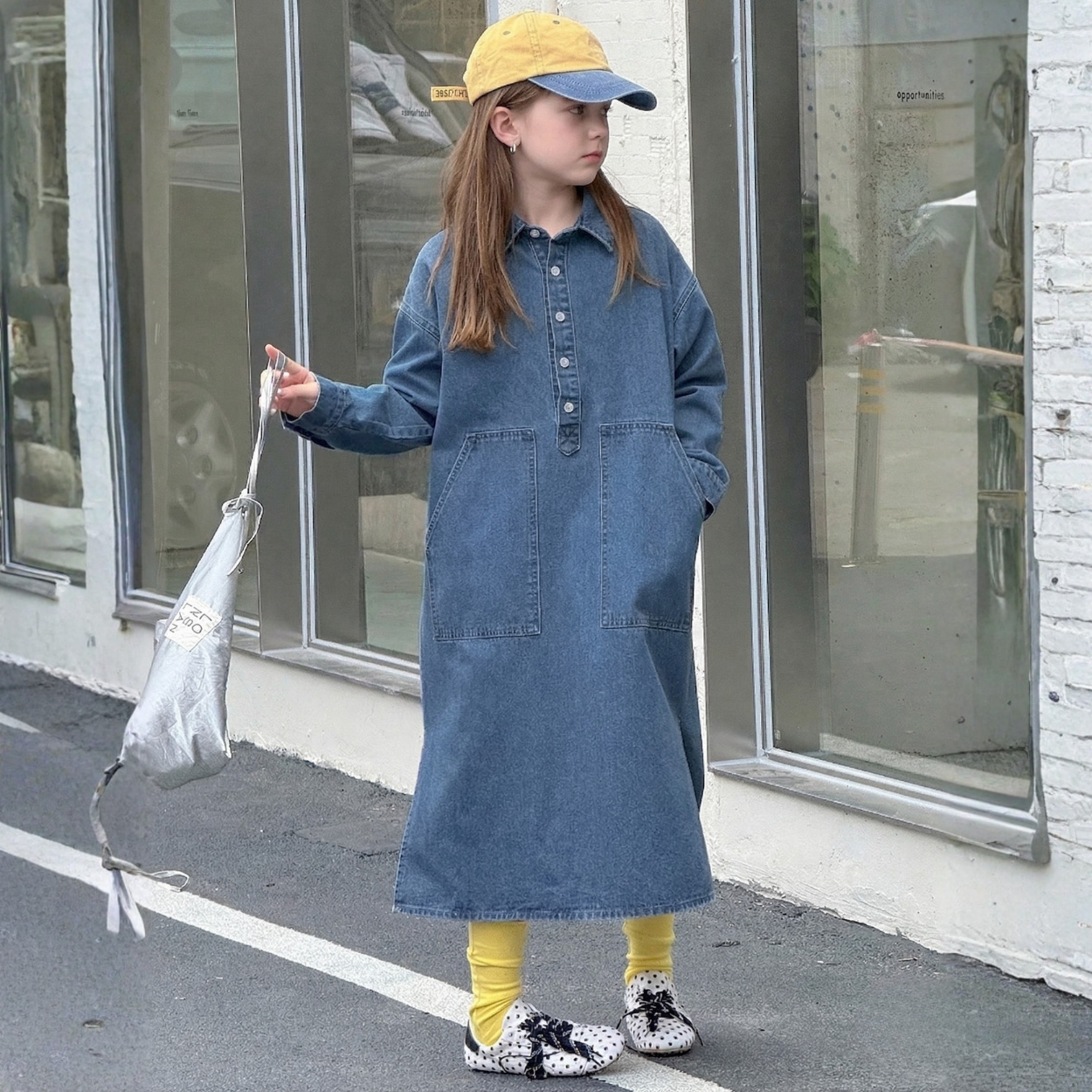 Oversized Denim Shirt Dress With Pocket And Button Front For Girls