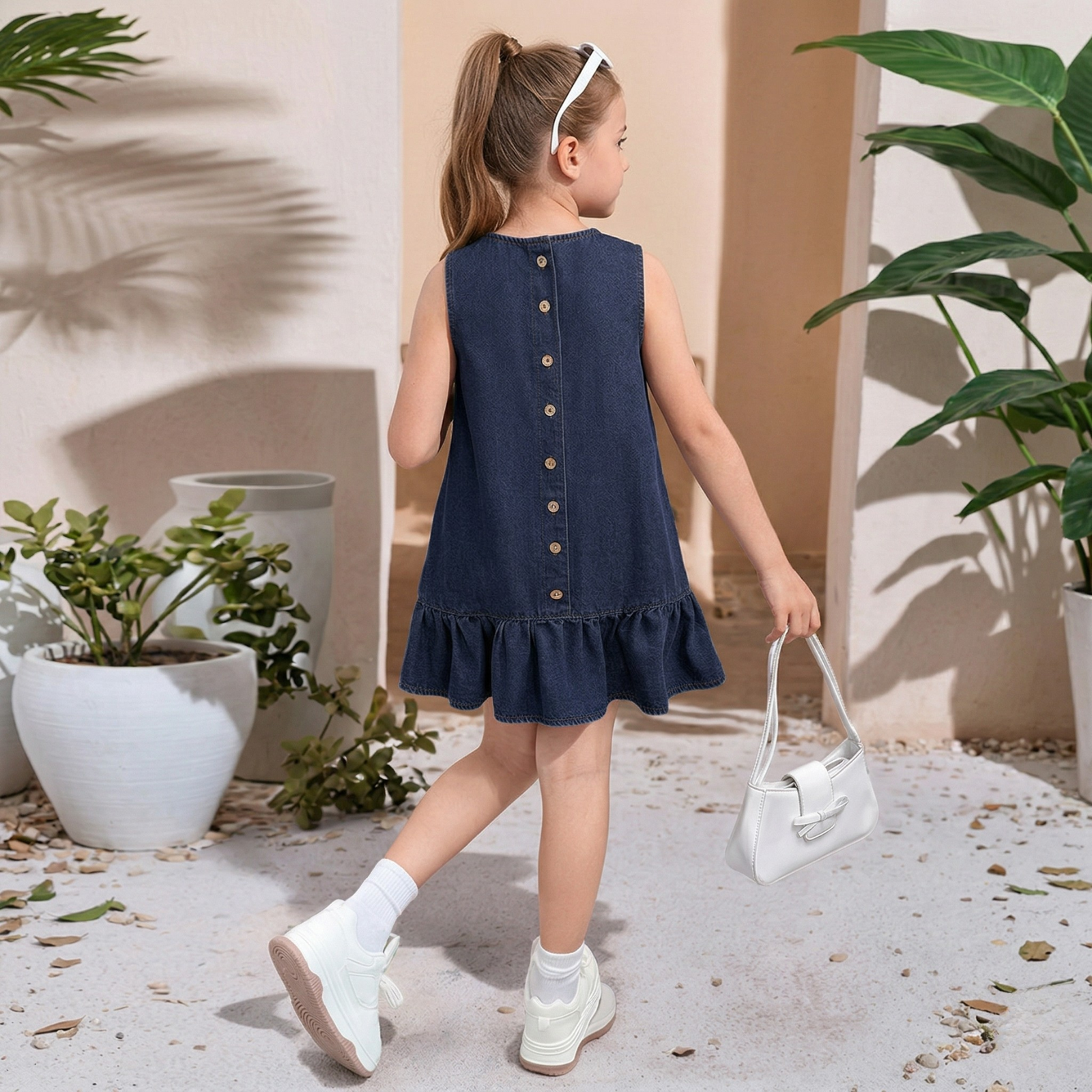 Sleeveless Denim Dress With Button Detail And Ruffle Hem Style For Girls