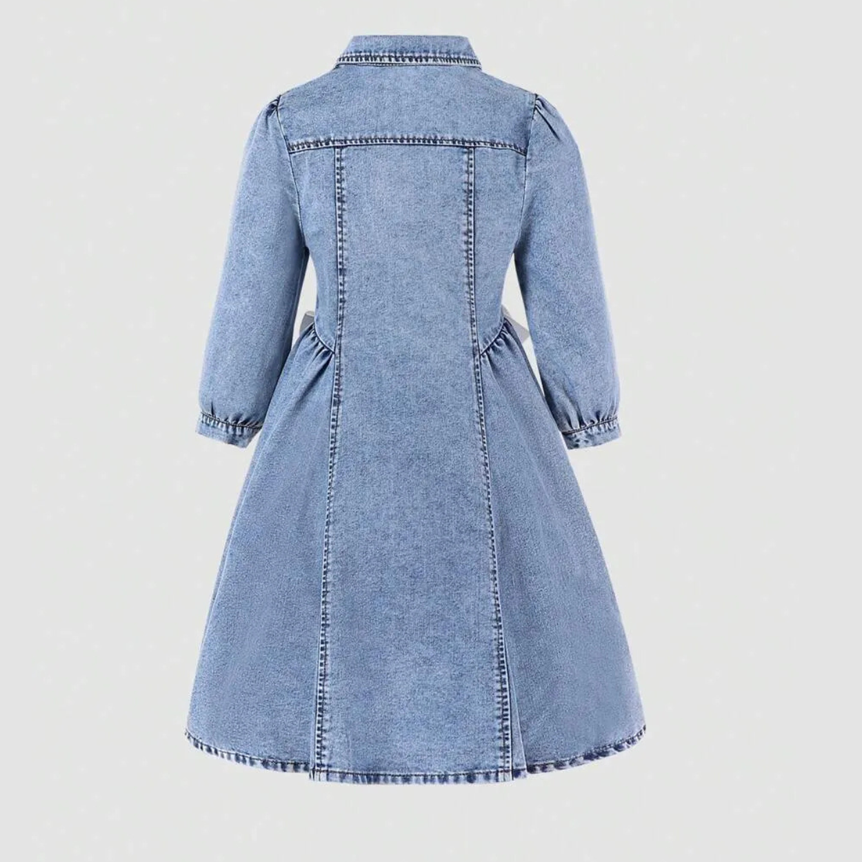 Tween Girls A Line Denim Shirt Dress With Puff Sleeves And Bow Details
