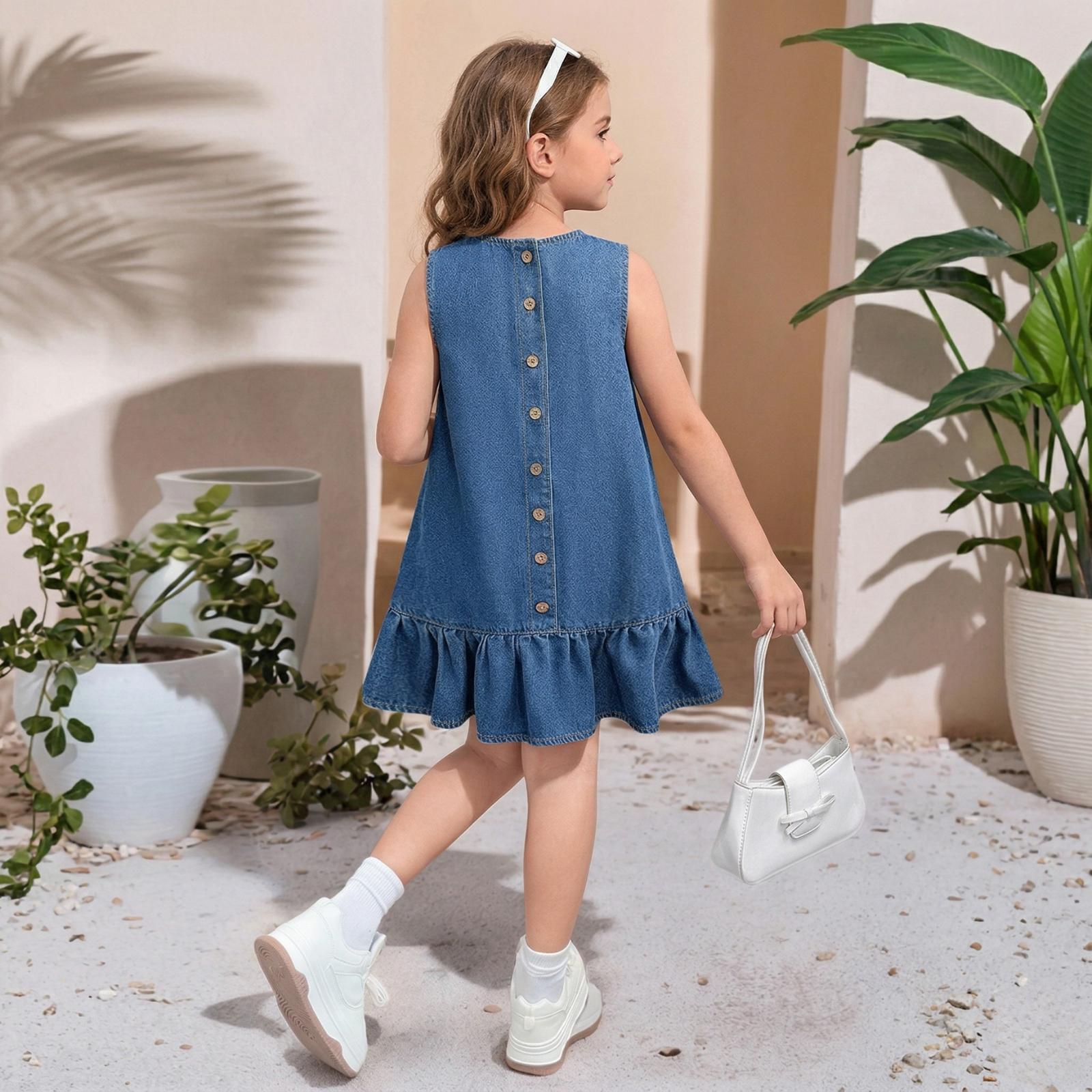 Sleeveless Denim Dress With Button Detail And Ruffle Hem Style For Girls