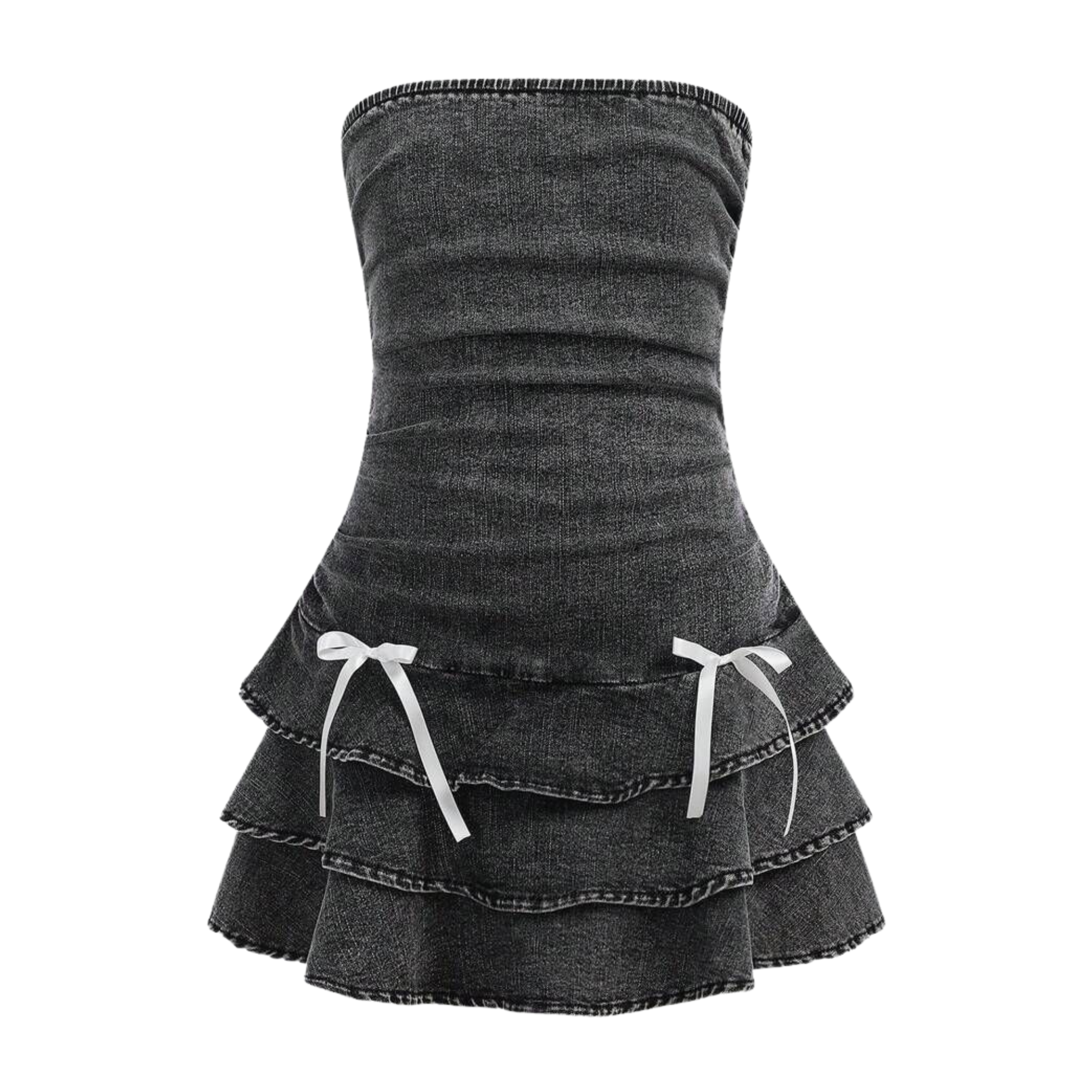 Layered Denim Dress With Ruffle Bow Detail And A Line Style Outfit For Girls