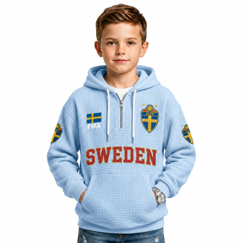 FIFA 2026 Sweden Printed Waffle Quarter Zip Football Fan Hoodie For Kids