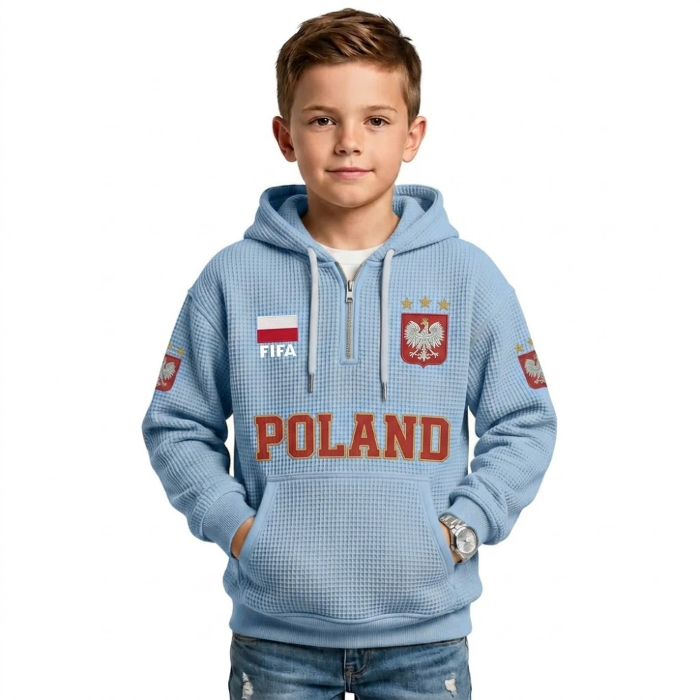 FIFA 2026 Poland Printed Waffle Quarter Zip Football Fan Hoodie For Kids