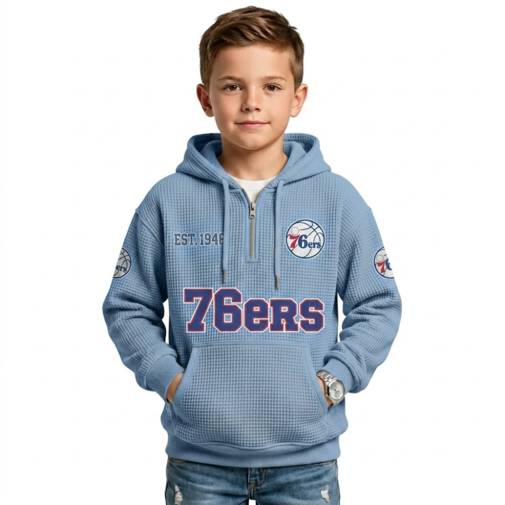 Philadelphia 76ers EST 1946 Printed Waffle Quarter Zip Basketball Fan Hoodie For Kids