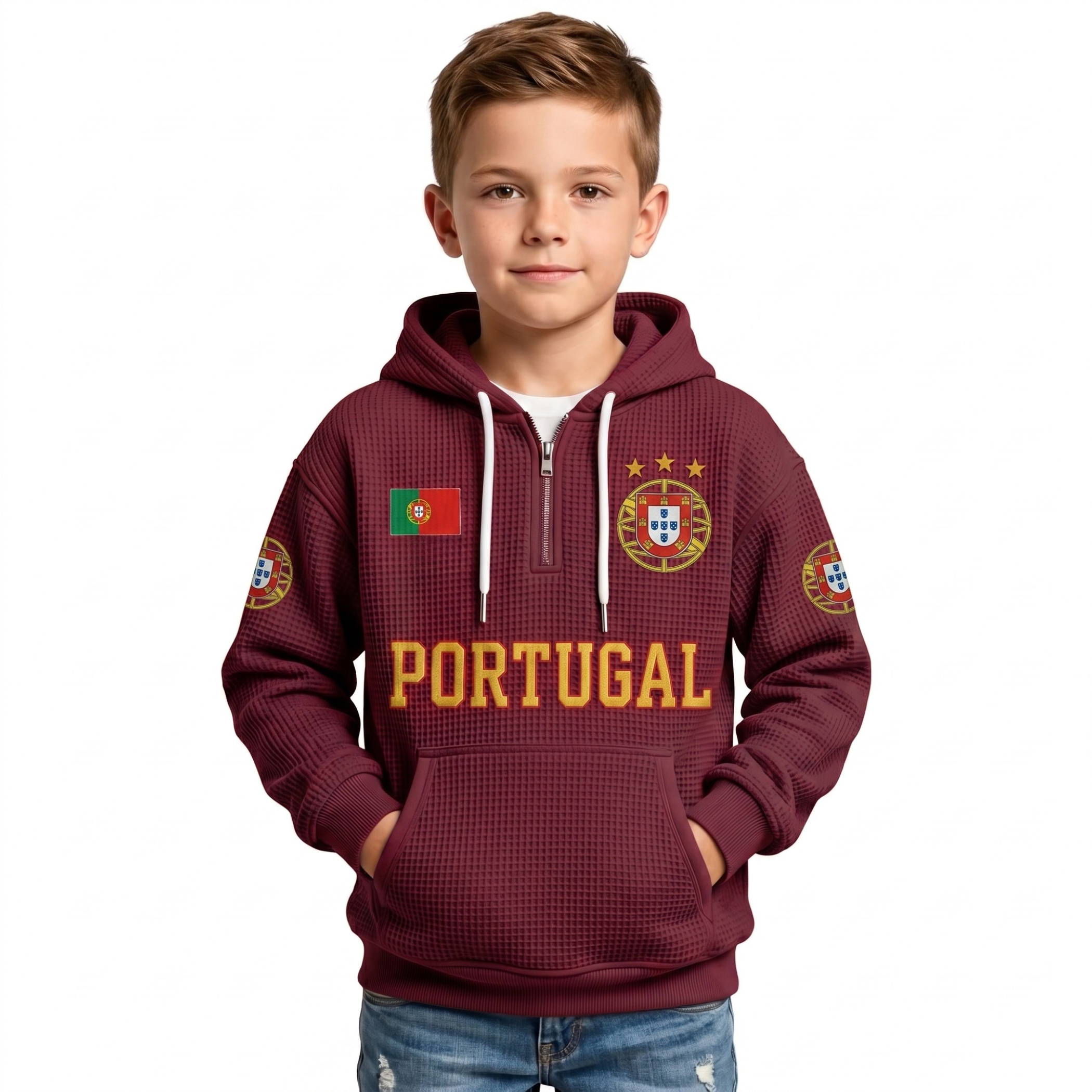 Portugal Printed Waffle Quarter Zip Football Fan Hoodie For Kids