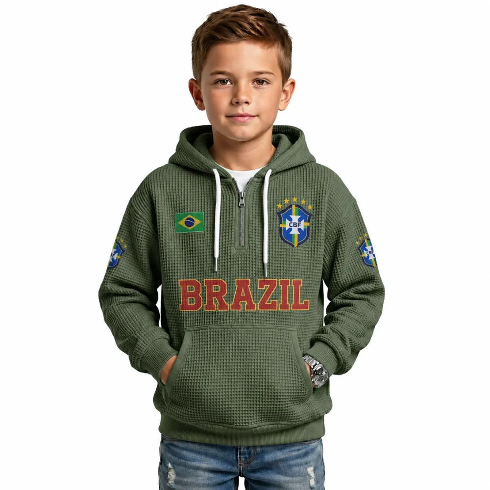 Brazil Printed Waffle Quarter Zip Football Fan Hoodie For Kids